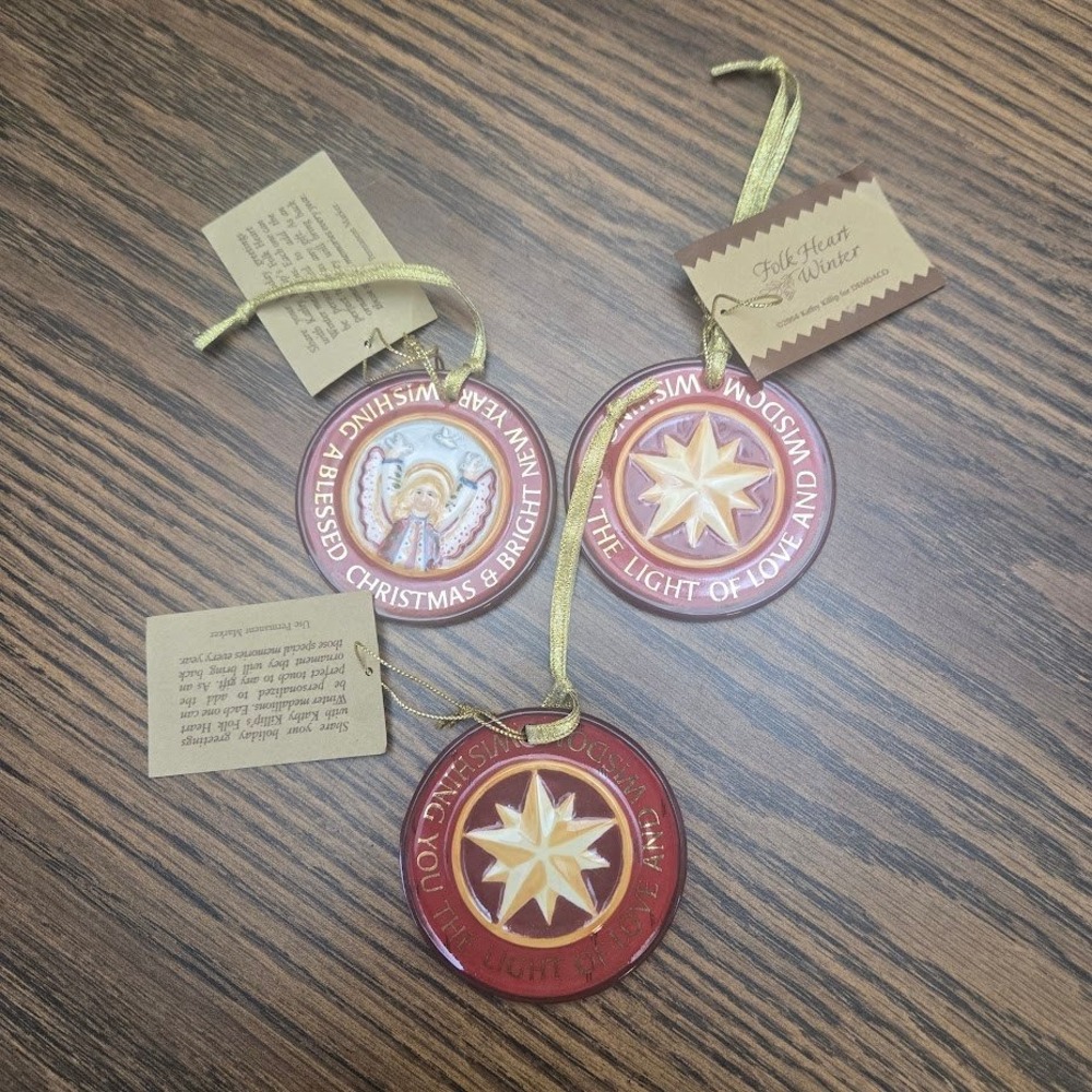 NWT (3) Folk Heart Winter Christmas Ornaments Angel Star Holiday Tags‎